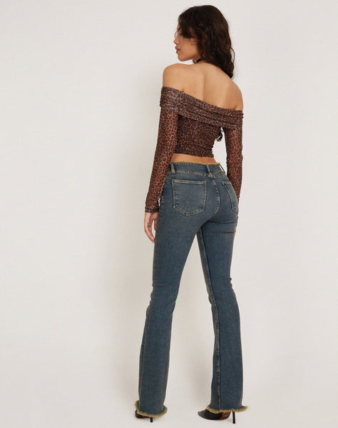 image of Nagini Long Sleeve Bardot Top in Rar Leopard Mesh