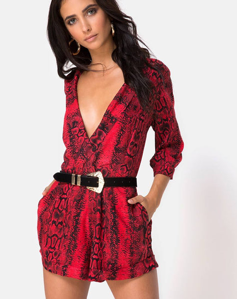 Nanic Plunge Playsuit in Snake Red