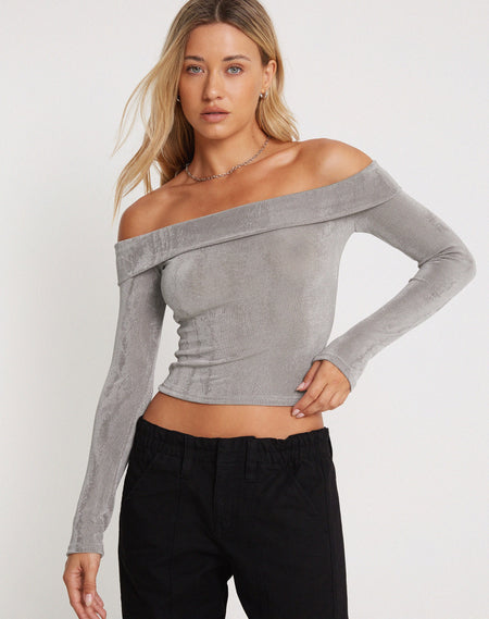 Nagini Bardot Top in Mesh Glitter Dot Frost Gray