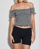 Image of Neema Shirred Bardot Top in Mini Gingham Black and White