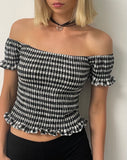 Image of Neema Shirred Bardot Top in Mini Gingham Black and White