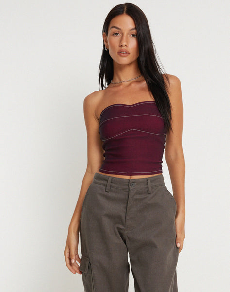 image of Nelly Cropped Corset Top in Burgundy with Ecru Stitch Detail