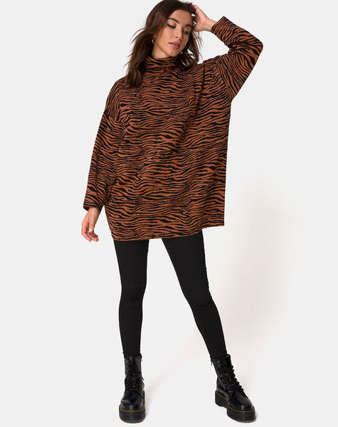 Neivie Roll Neck Jumper in Tiger Knit Brown