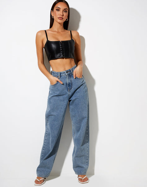 Nindy Crop Top in PU Black with White Stitch