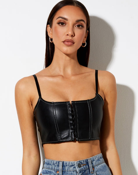 Nindy Crop Top in PU Black with White Stitch