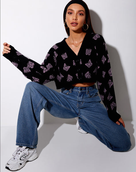 Olina Cropped Cardigan in Black and Purple Butterfly