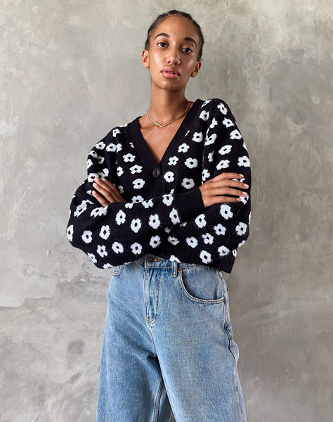 Image of Olina Cropped Cardi in Knit Black Daisy White