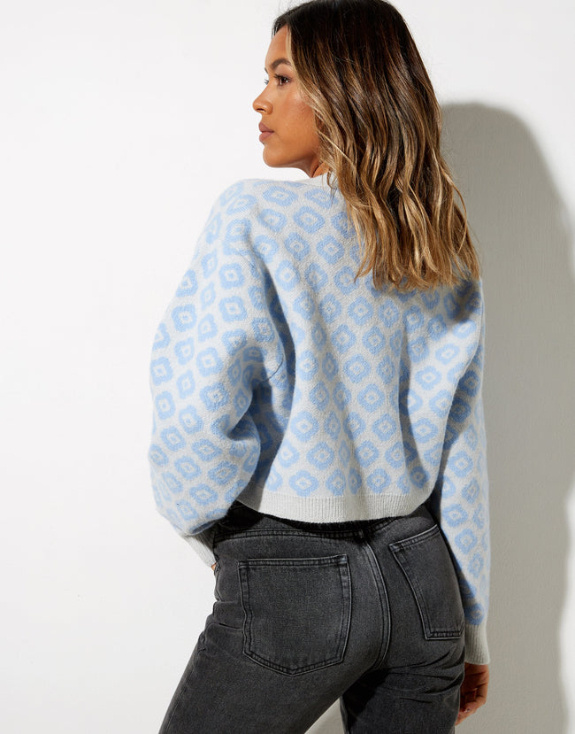 Image of Olina Cropped Cardi in Knit Tonal Blue Daisy