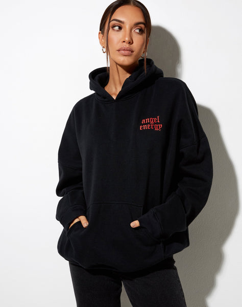 Image of Oversize Hoodie in Black Angel Energy Light Red Embro