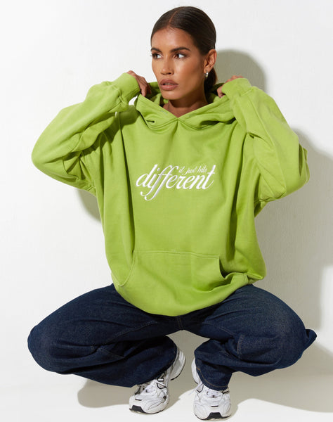 image of Oversize Hoodie in Leaf Green Different Embro White