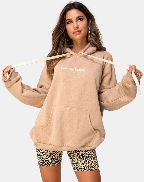 Oversize Hoody in Tan I Want it Embro