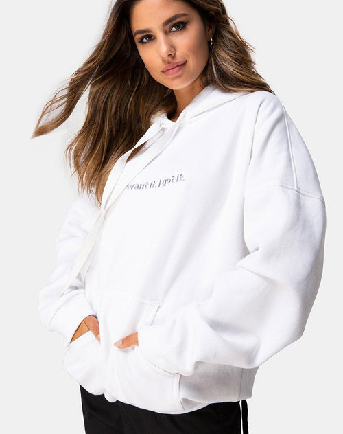 Oversize Hoody in White I Want it Embro