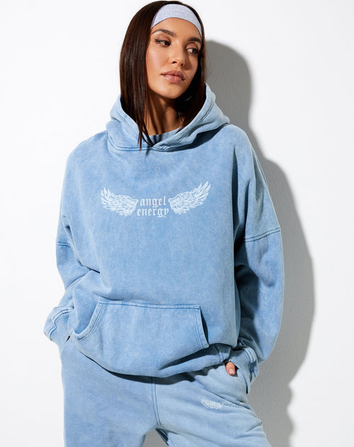 Oversize Hoodie in Washed Blue 'Angel Energy' Wings