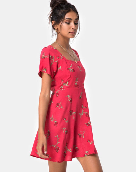 Kumala Slip Dress in Ditsy Rose Red and Silver