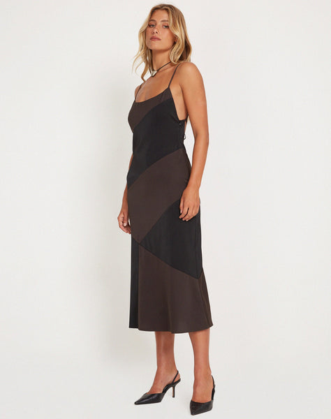 image of Perlita Midi Dress in Two Tone Black Satin