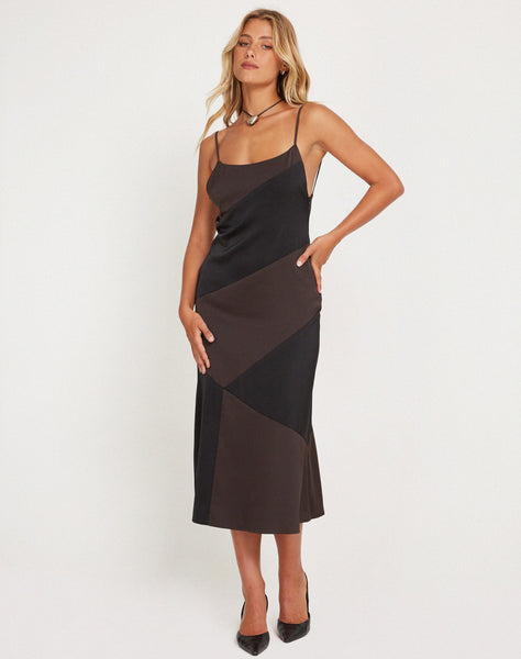 image of Perlita Midi Dress in Two Tone Black Satin