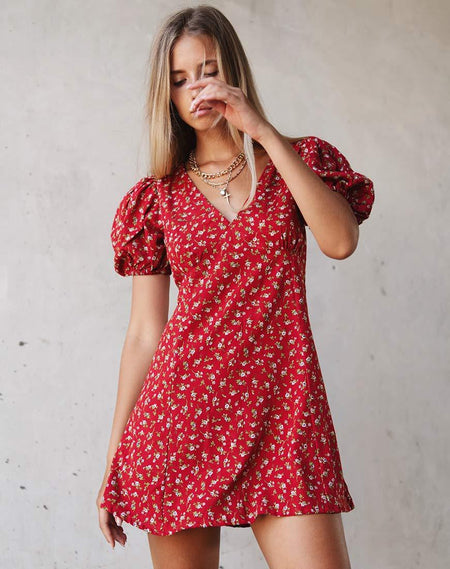 Elara Tea Dress in Wild Fleur Maroon