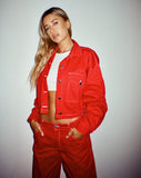 image of Boxy Denim Jacket in Racing Red with White Stitch