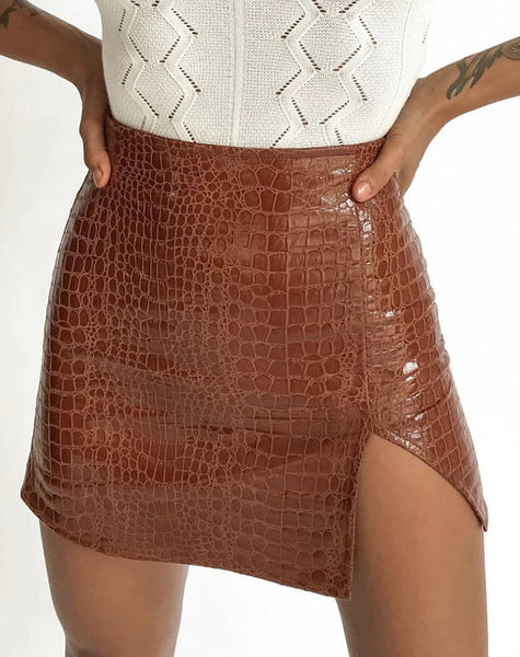 Image of Wren Mini Skirt in PU Croco Brown