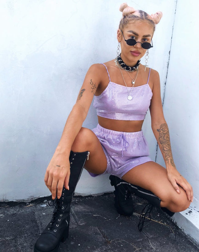 Sasha Crop Top in Matte Mini Sequin Lilac