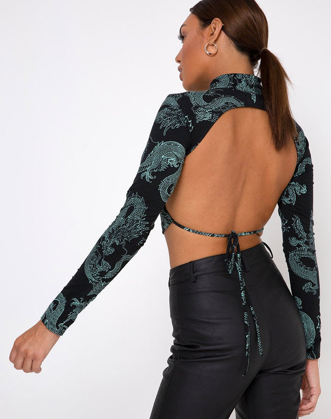 Quelia Top in Dragon Flower Black and Mint