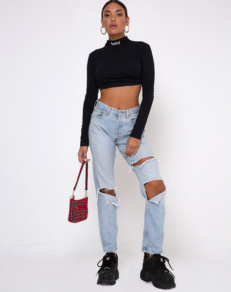 Quelia Crop Top in Black with 'Saint' Embro