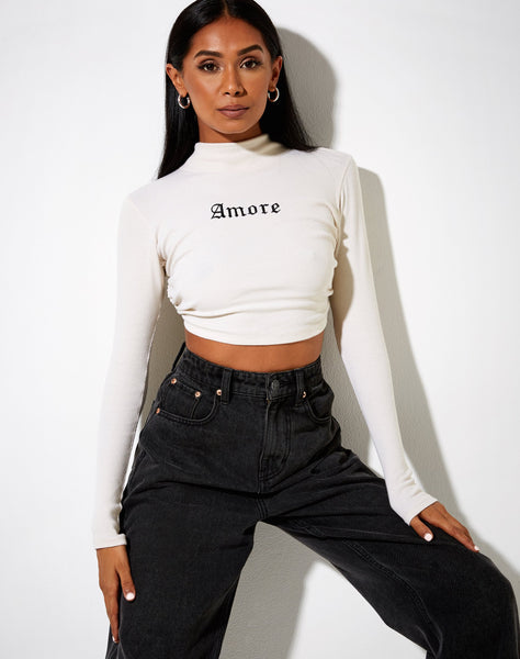 Quelia Crop Top in Rib Winter White 'Amore' Embro