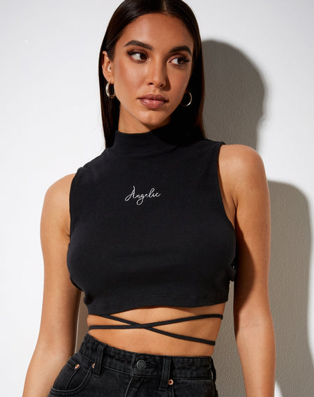 Quera Crop Top in Black 'Cross My Heart' Embro