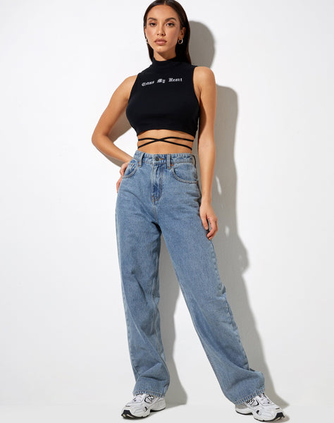 Quera Crop Top in Black 'Cross My Heart' Embro