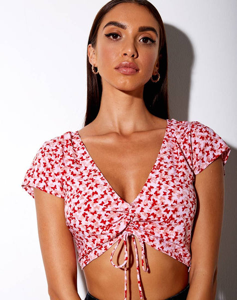 Raeto Crop Top in Ditsy Butterfly Peach and Red