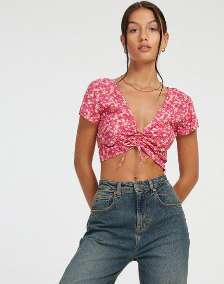 Morsche Cut Out Crop Knitted Top in Pink