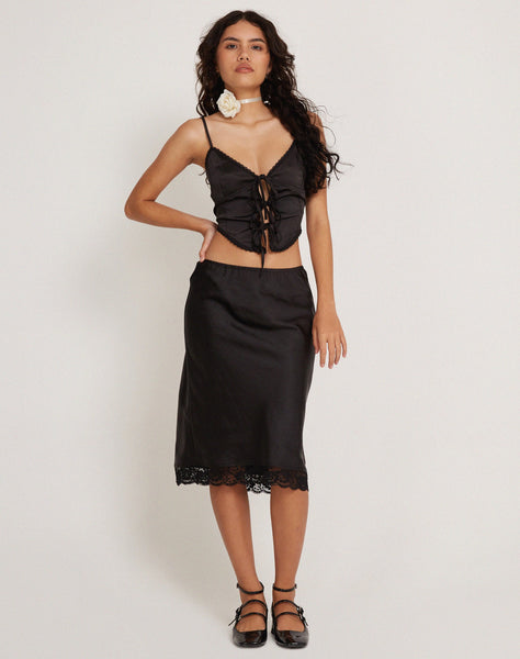 image of Resira Midi Skirt in Satin Pearled Black with Lace