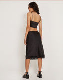 image of Resira Midi Skirt in Satin Pearled Black with Lace