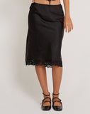 image of Resira Midi Skirt in Satin Pearled Black with Lace