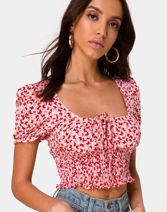 Raquel Crop Top in Ditsy Butterfly Peach and Red