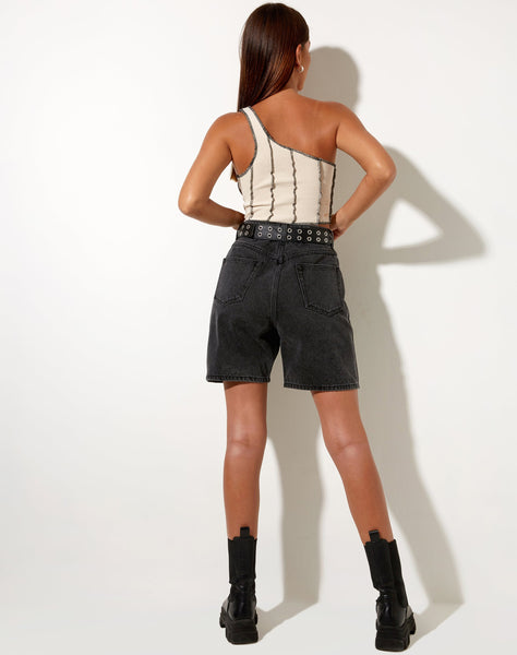 Image of Rara Crop Top in Rib Ecru with Black Stitching