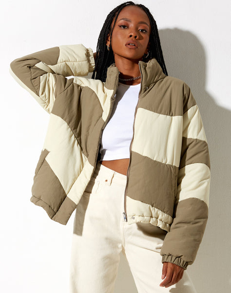 Image of Renee Puffa Jacket in Panelled Cream and Taupe