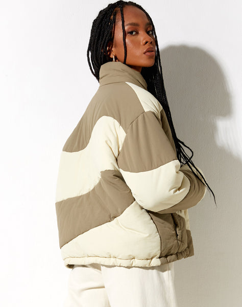 Image of Renee Puffa Jacket in Panelled Cream and Taupe