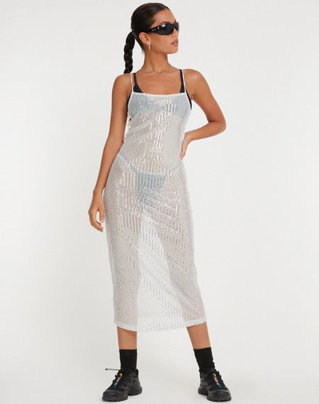 Cleosa Bandeau Maxi dress in Silver Chrome