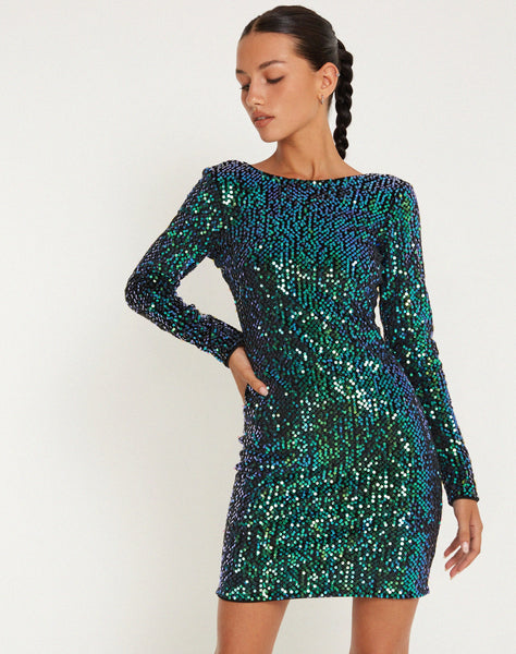 image of Gabby Mini Dress in Sequin Green Iridescent