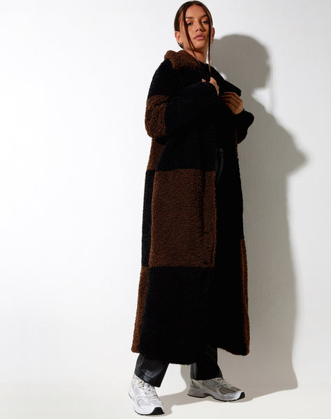 Image of Humus Teddy Coat in Panelled Chocolate and Black