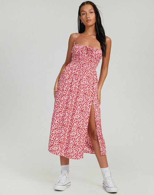 image of Jeyro Midi Dress in Ditsy Butterfly Peach and Red