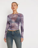 image of Narita Long Sleeve Mesh Crop Top in Smokey Gradients Purple