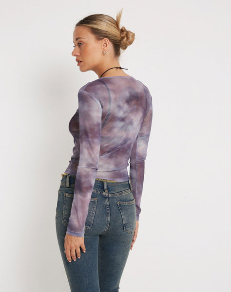 image of Narita Long Sleeve Mesh Crop Top in Smokey Gradients Purple