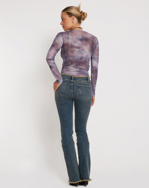 image of Narita Long Sleeve Mesh Crop Top in Smokey Gradients Purple