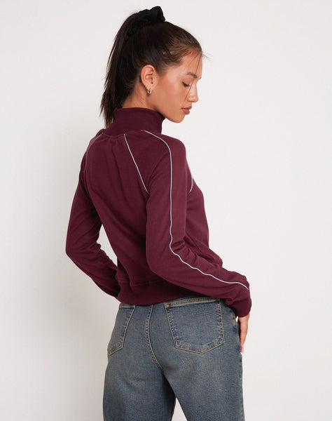 Image of Patrice Zip Up High Neck Sweater in Oxblood with Grey Piping