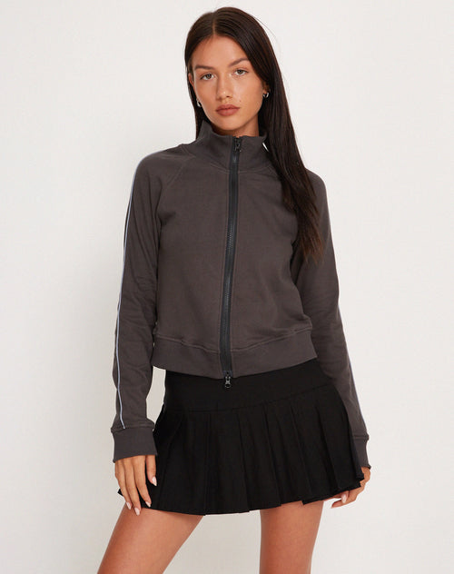 Image of Sookie Zip Up High Neck Sweater in Beluga Grey Piping