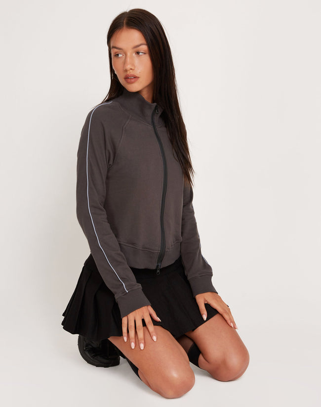 Image of Sookie Zip Up High Neck Sweater in Beluga Grey Piping