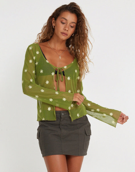 image of Sujata Cardi in Moss Green Custard Daisy Embro