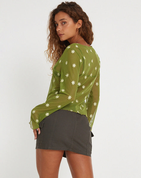 image of Sujata Cardi in Moss Green Custard Daisy Embro